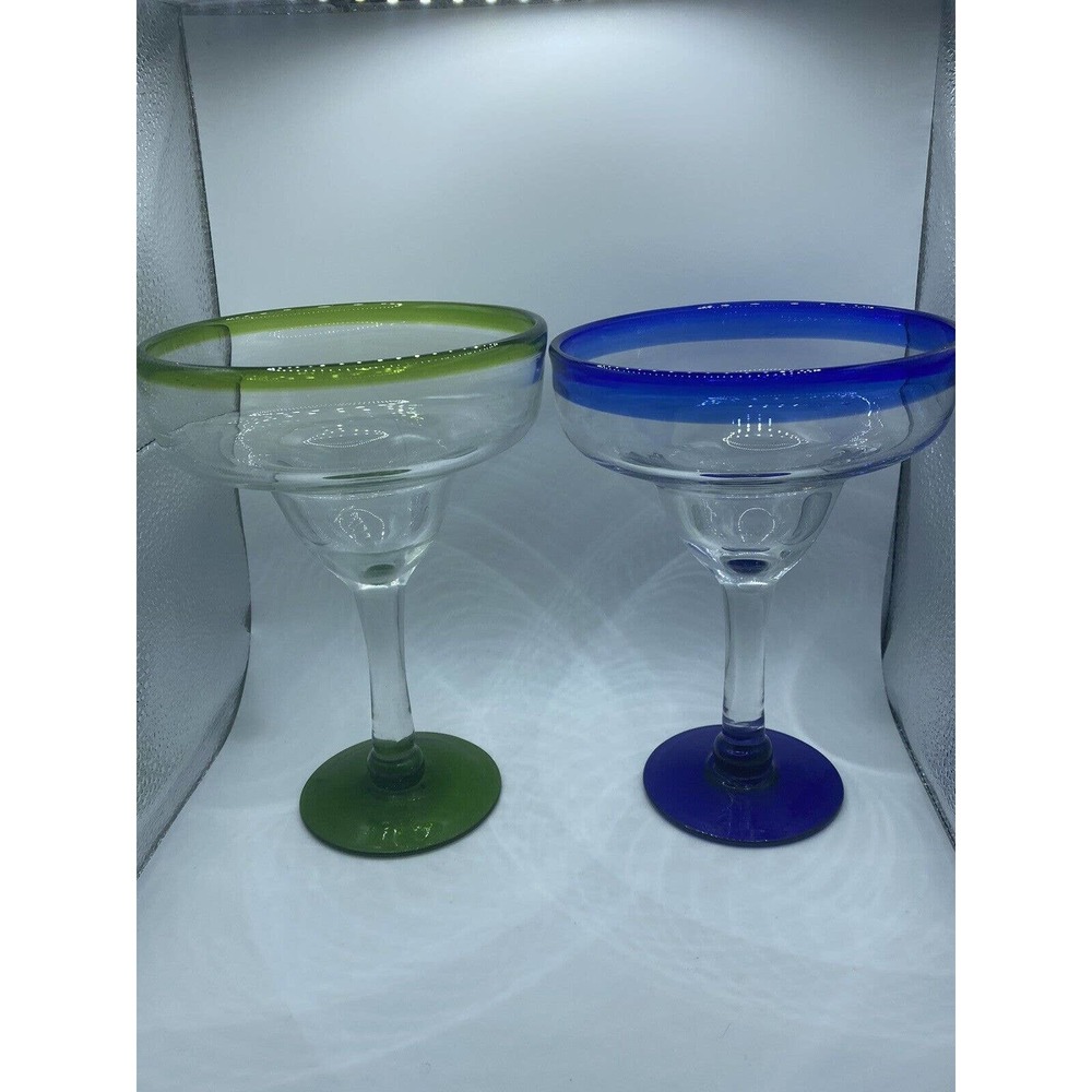 Blown Glass Mexican Margarita Glass set Blue Green Drink Barware